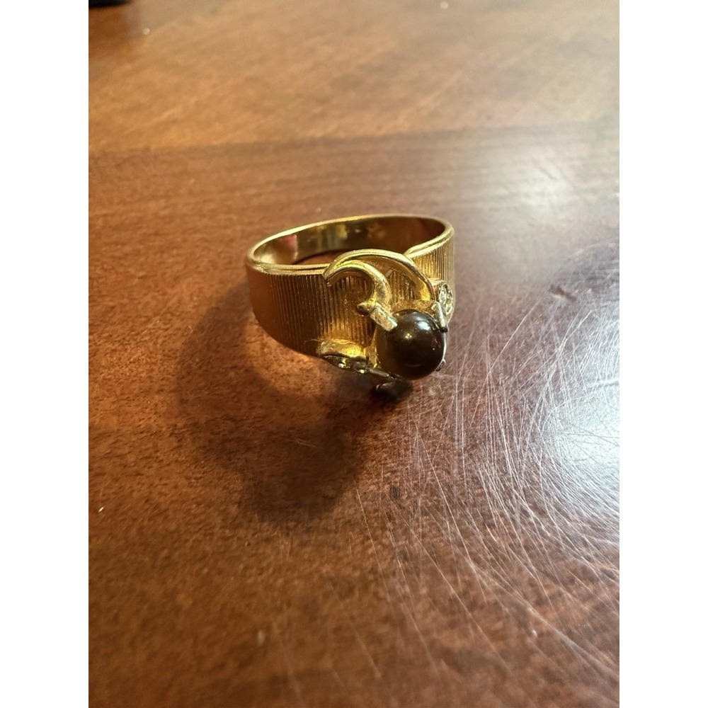 Vintage  Cat's Eye Cabochon Retro Floral‎ Ring Mid Century Gold Filled